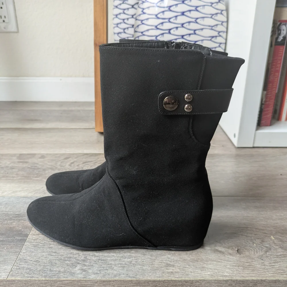 Stuart Weitzman Black Suede Wedge Boots with Buckle - Size 6